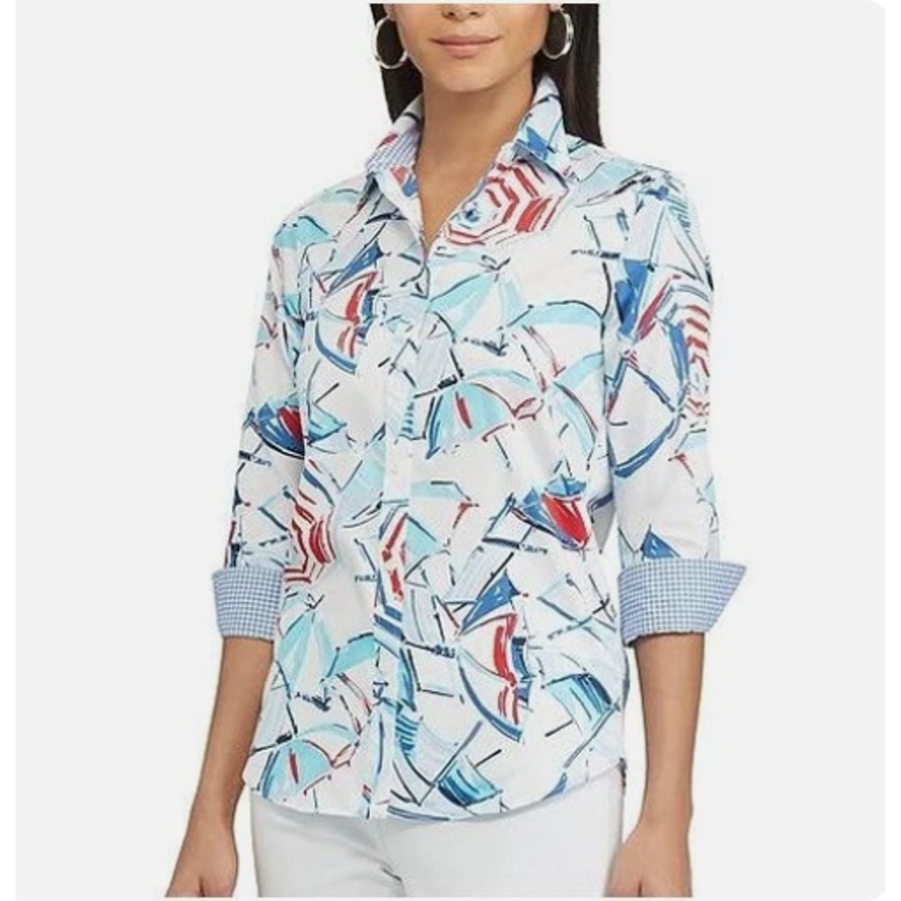 Chaps Nautical Print Button-Up Shirt Size 1X Cotton Coastal Beachy Top - Picture 2 of 11